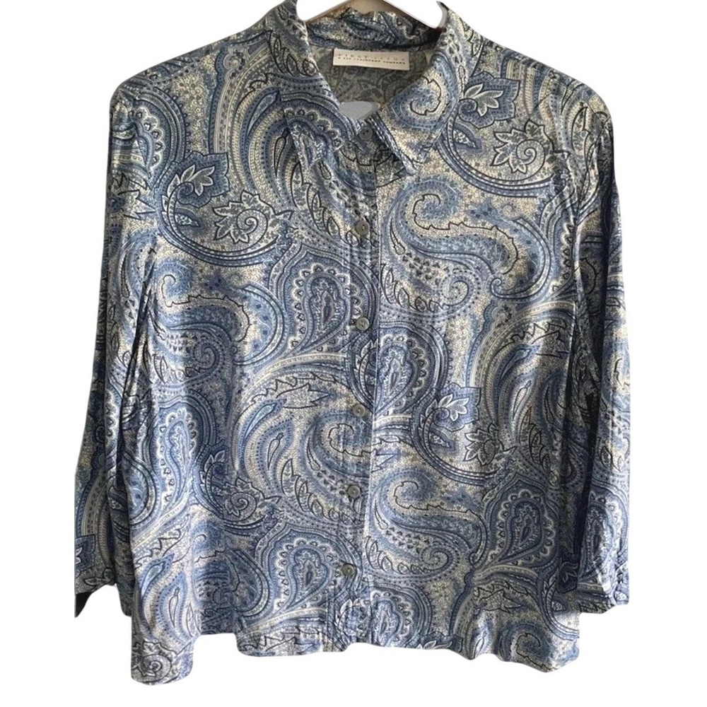 First Issue Liz Claiborne Paisley Button Down Shirt XL Blue 3/4 Sleeve Rayon